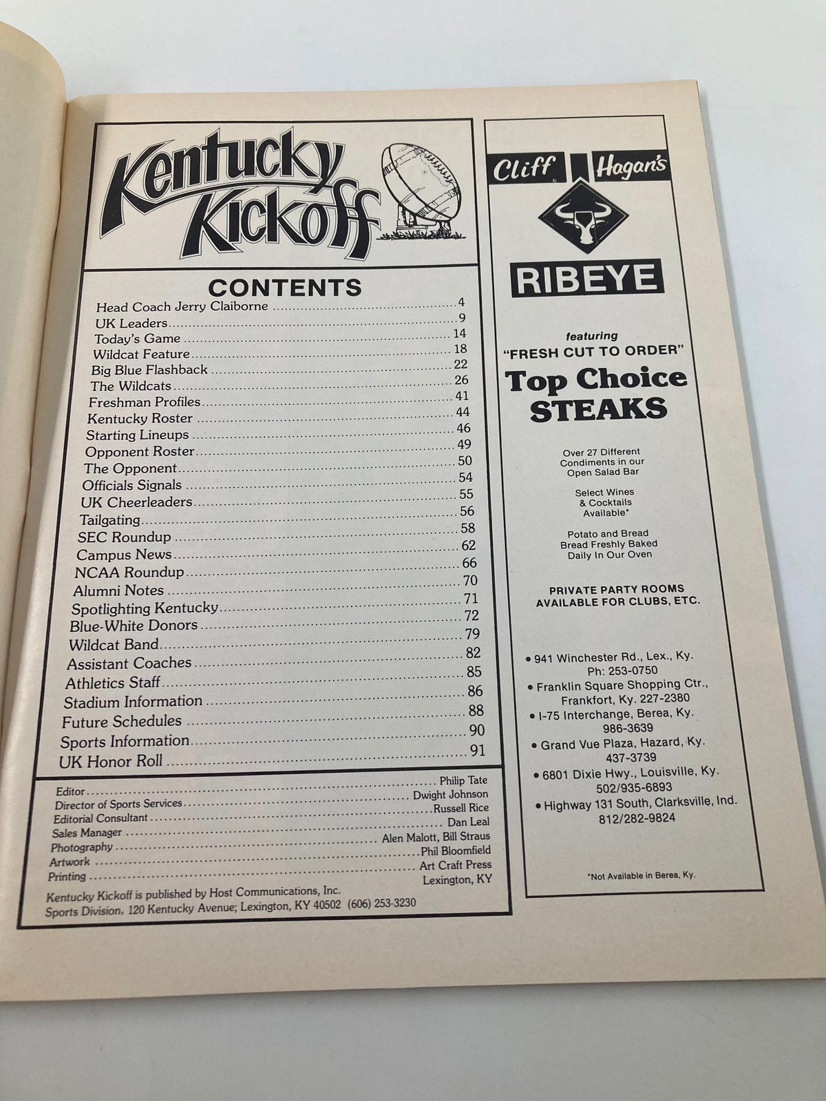Interior page from the November 19, 1983 College Football Kentucky vs Tennessee Official Program, featuring the table of contents including sections on team lineups, rosters, and NCAA news.