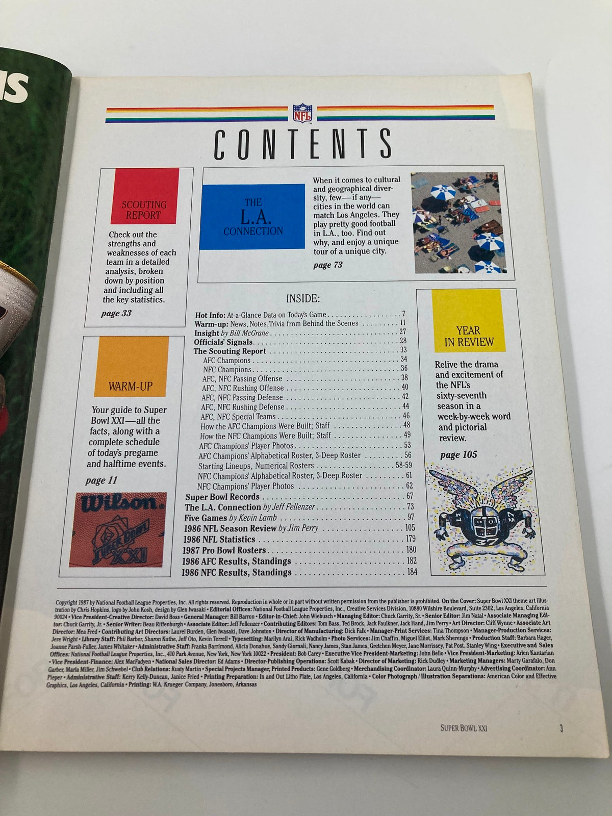 Contents page from the January 25 1987 NFL Denver Broncos vs New York Giants Super Bowl XXI Program, featuring details about the event and team lineups.