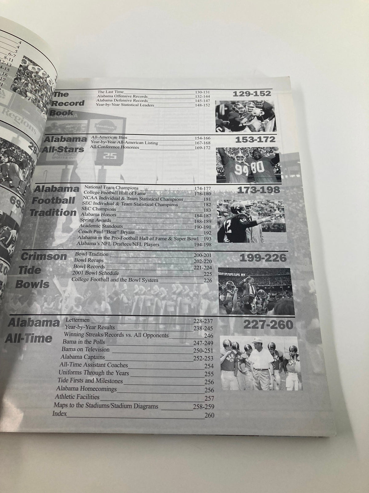 Interior page of the 2001 Alabama Crimson Tide Football Official Program showing record book details and statistics from previous games.