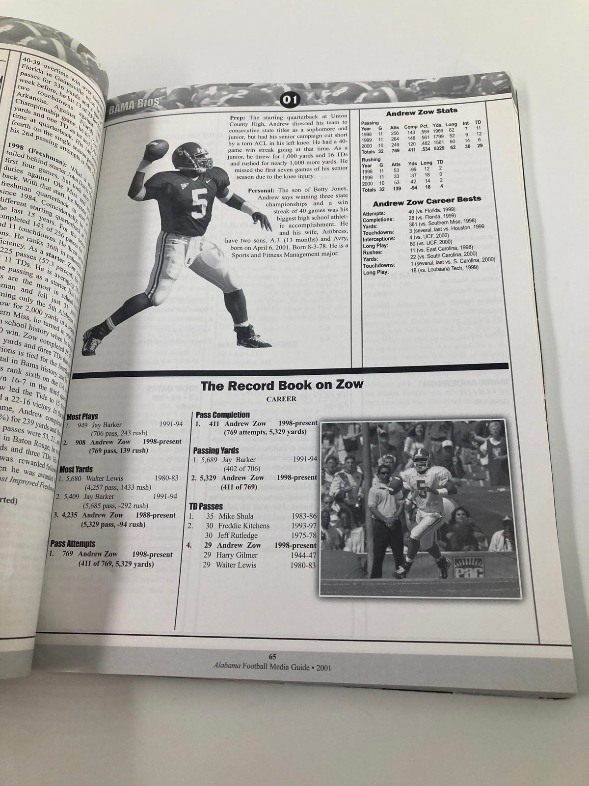 Interior page of the 2001 Alabama Crimson Tide Football Official Program featuring player biography and statistics of Andrew Zow.