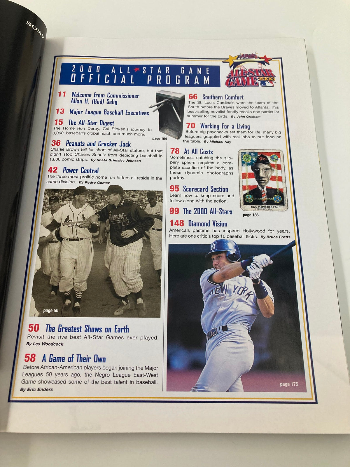 2000 Major League Basketball All Star Game Official Program inside spread featuring various highlights from the game including Commissioner Allan H. Selig's message and notable moments.