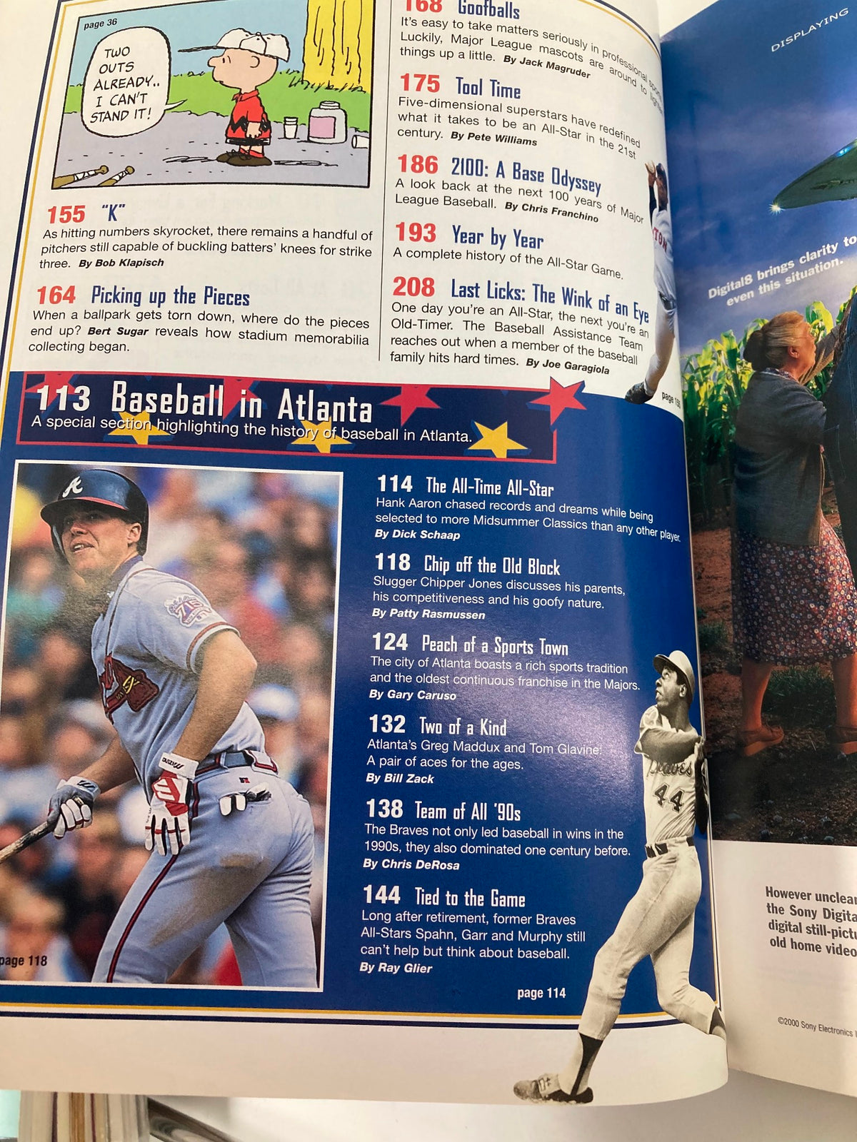 2000 Major League Basketball All Star Game Official Program page highlighting Baseball in Atlanta with notable player statistics and history.