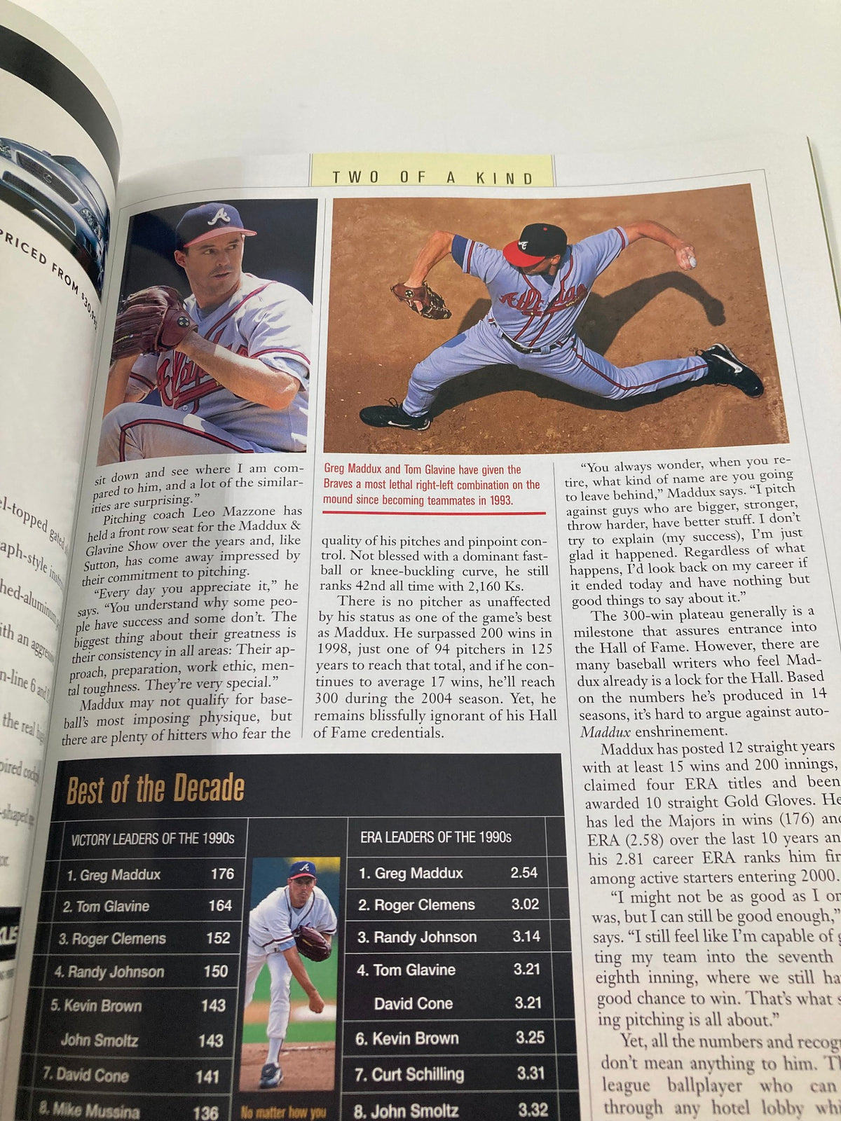 2000 Major League Basketball All Star Game Official Program page showcasing Greg Maddux and Tom Glavine, emphasizing their achievements and Hall of Fame credentials.