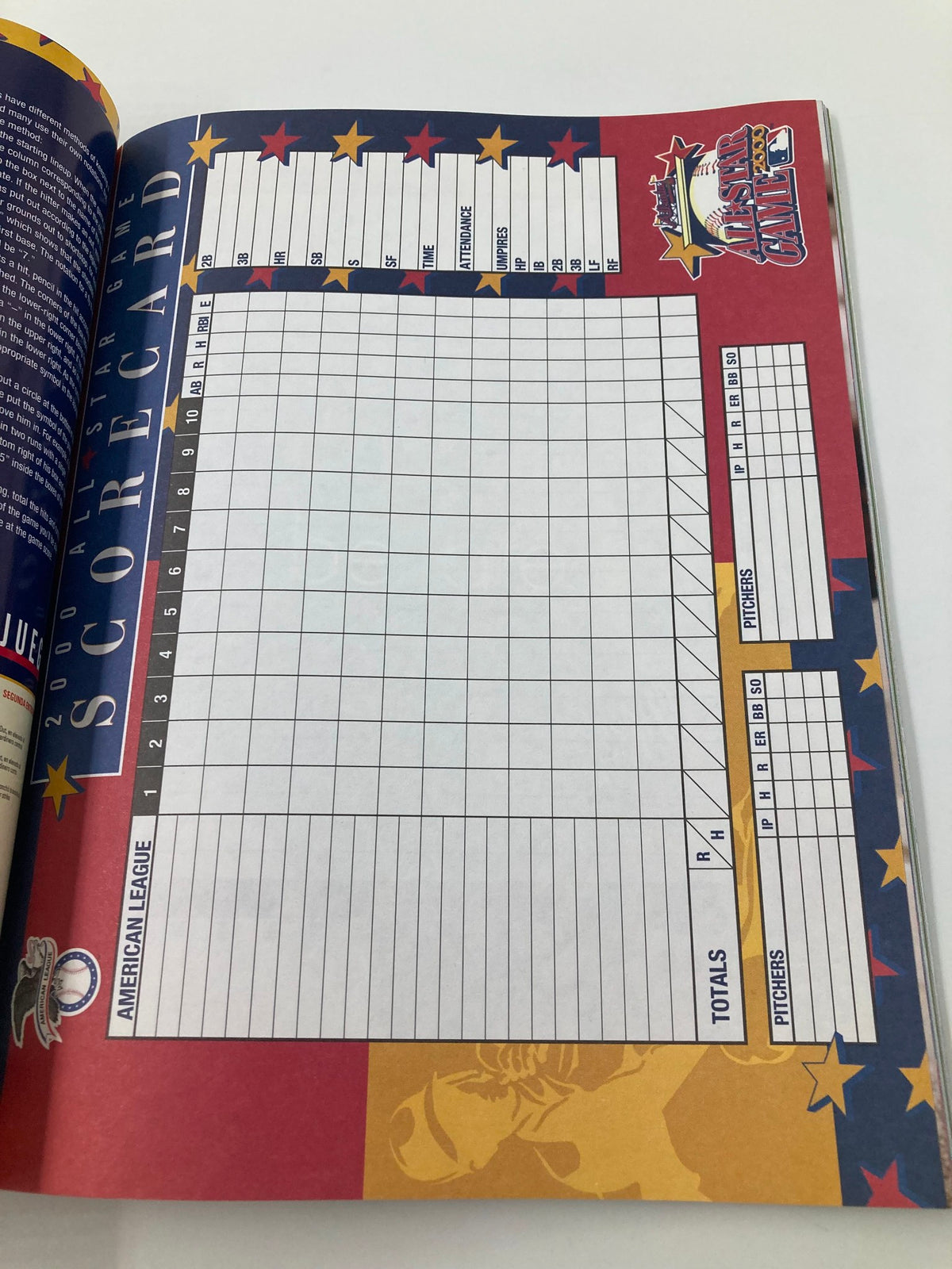 Scorecard page from the 2000 Major League Basketball All Star Game Official Program, featuring a blank scorecard layout for recording statistics.