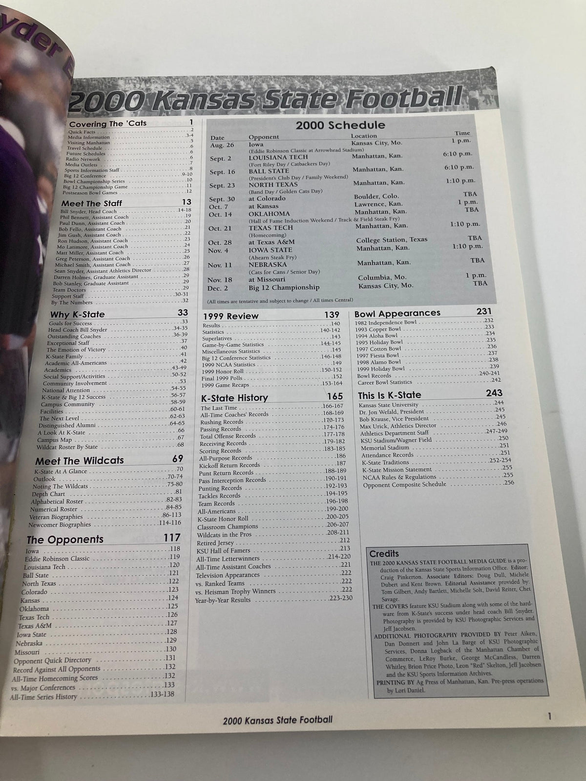 Inside page of the 2000 Kansas State Wildcats Football Media Guide displaying the 2000 schedule and team statistics, offering essential insights for fans and collectors.