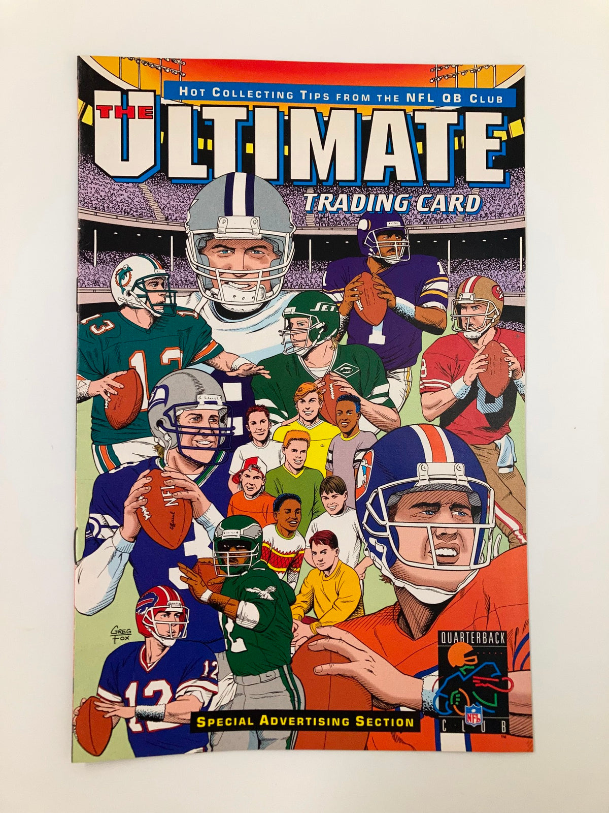 Cover of '1994 The Ultimate Trading Card Hot Collecting Tips from the NFL QB Club' featuring illustrations of various quarterbacks and players in action.