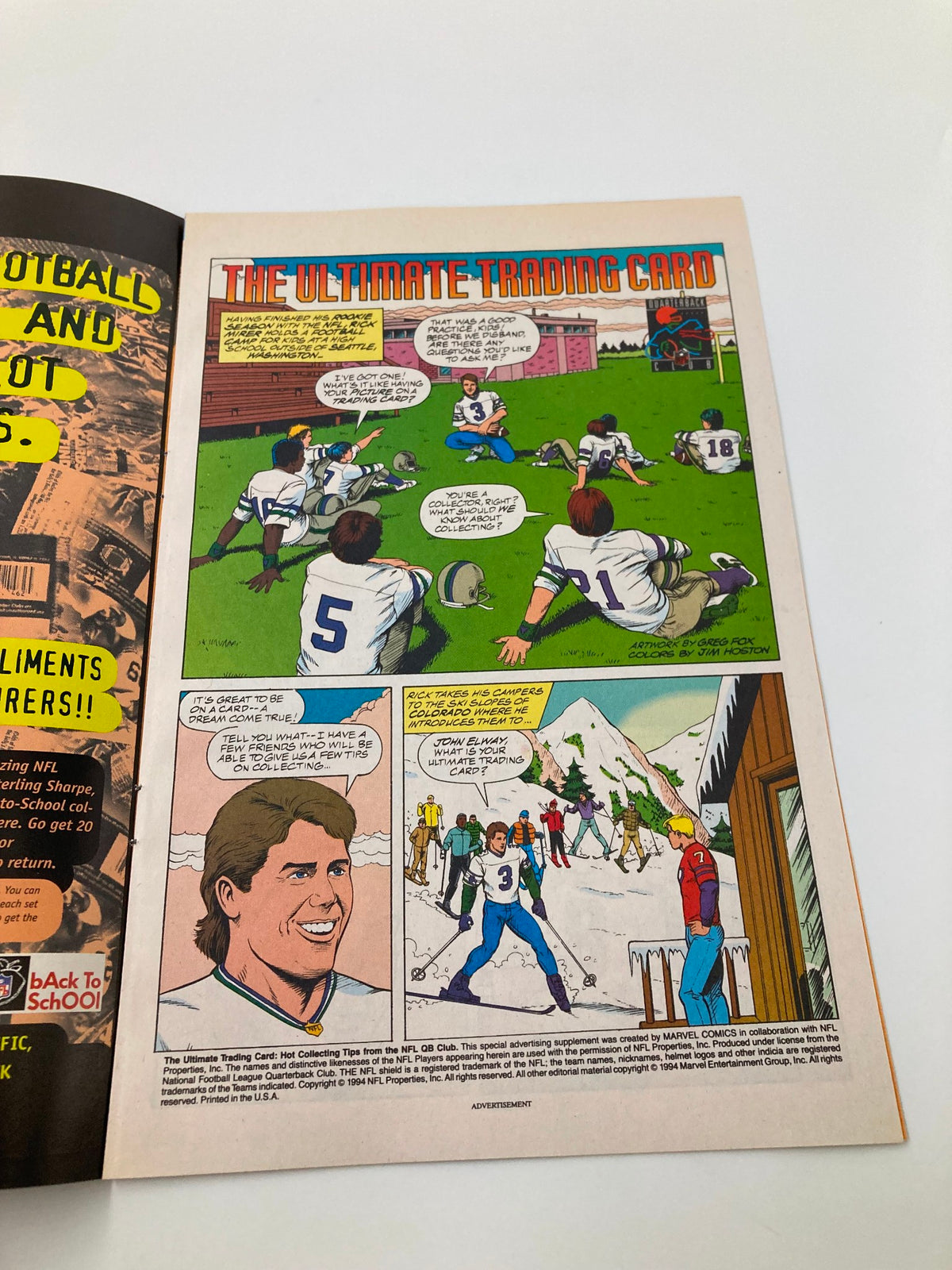 Inside page of '1994 The Ultimate Trading Card Hot Collecting Tips from the NFL QB Club' showcasing a comic-style illustration of football players practicing and engaging in fun activities.