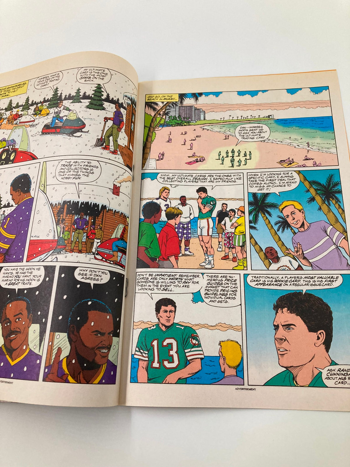 Inside layout of '1994 The Ultimate Trading Card Hot Collecting Tips from the NFL QB Club' depicting a vibrant scene with players at a beach and discussing trading cards.