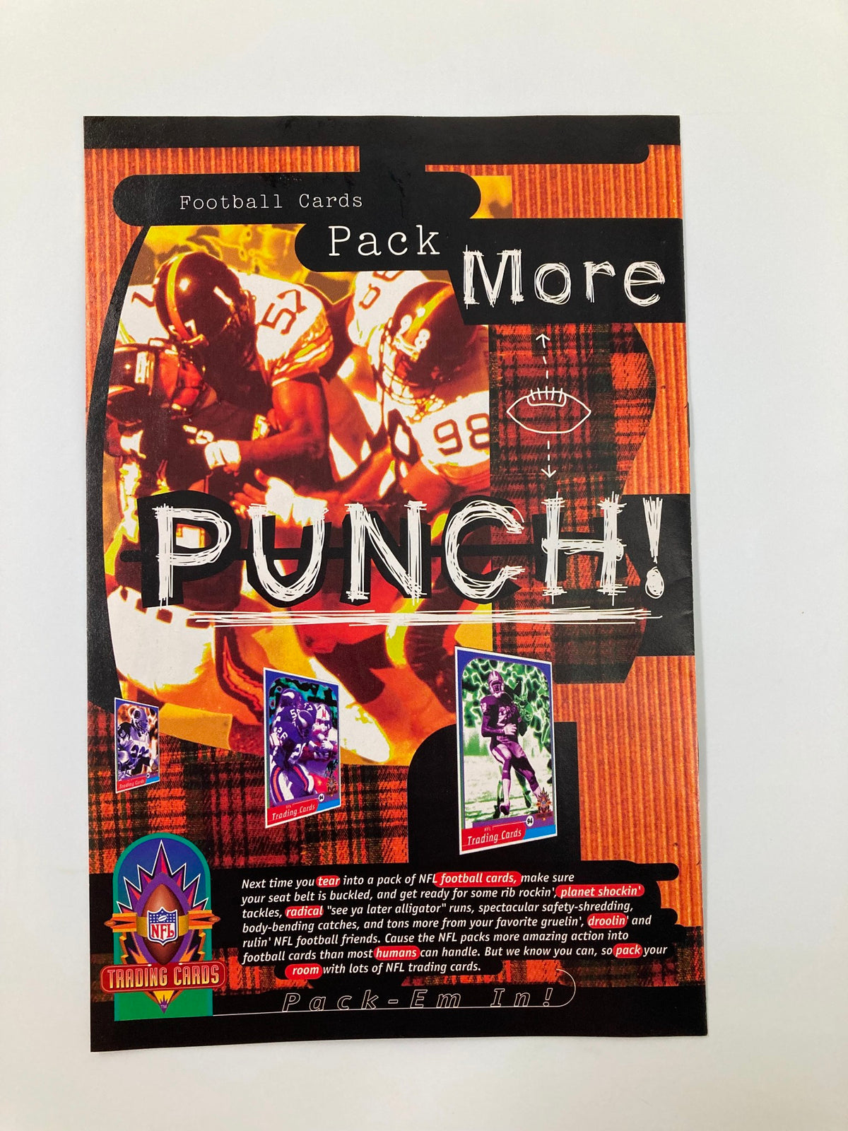 Advertisement page from '1994 The Ultimate Trading Card Hot Collecting Tips from the NFL QB Club' promoting football cards with bold text and action shots of players.