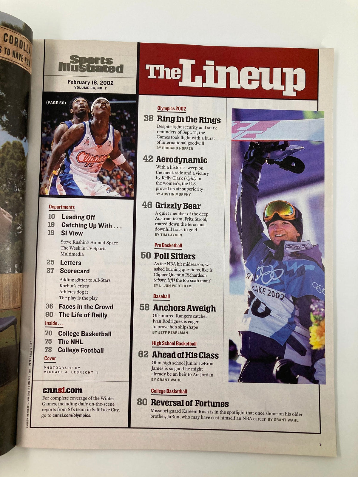 Inside page of Sports Illustrated Magazine August 18 2002, displaying a lineup section that includes notable features and highlights from February 2002, adding context to the sports history captured in the magazine.