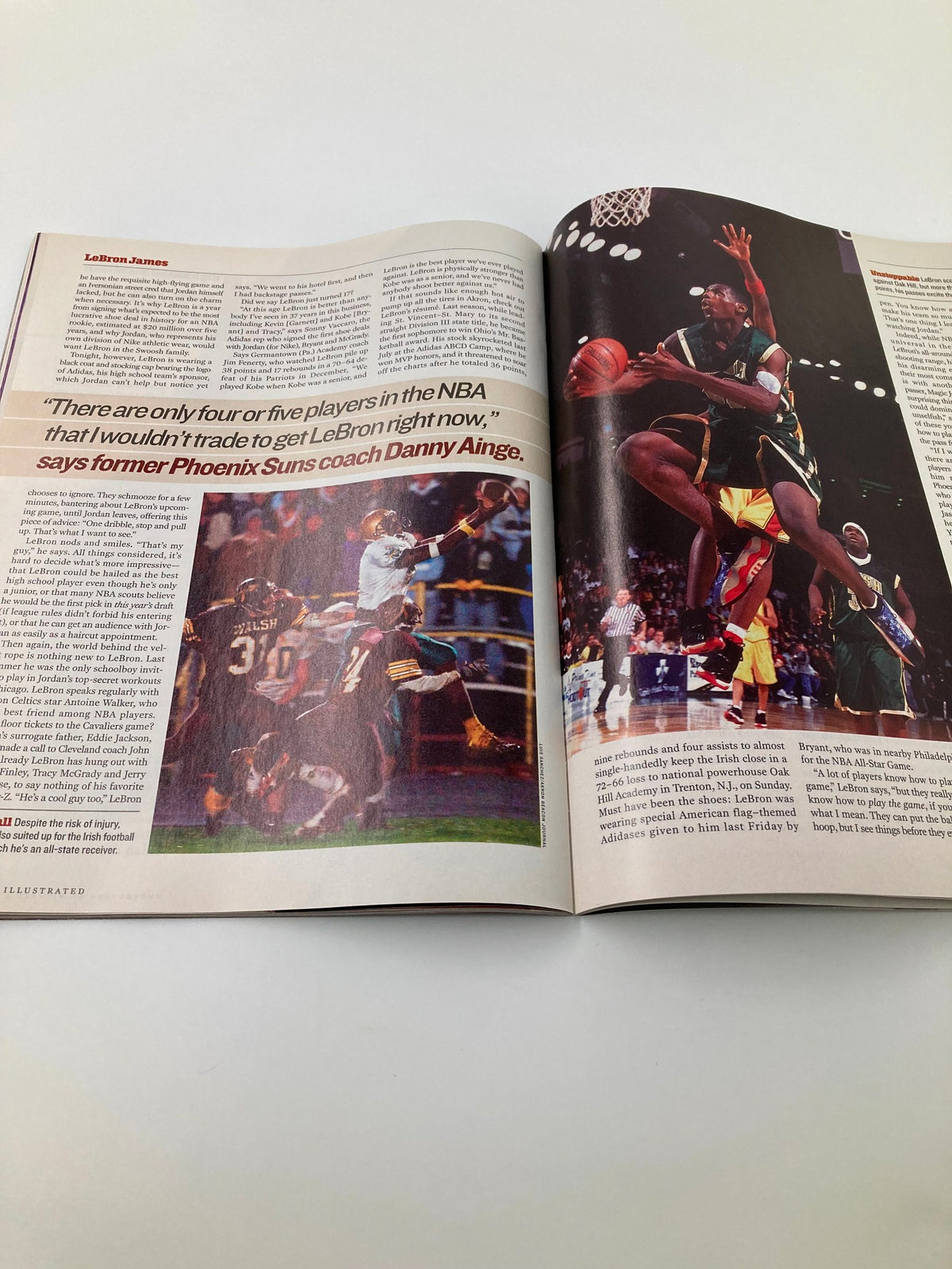Inside spread of Sports Illustrated Magazine August 18, 2002 featuring LeBron James with a quote about his potential in the NBA. This iconic issue captures LeBron during his rise to fame.