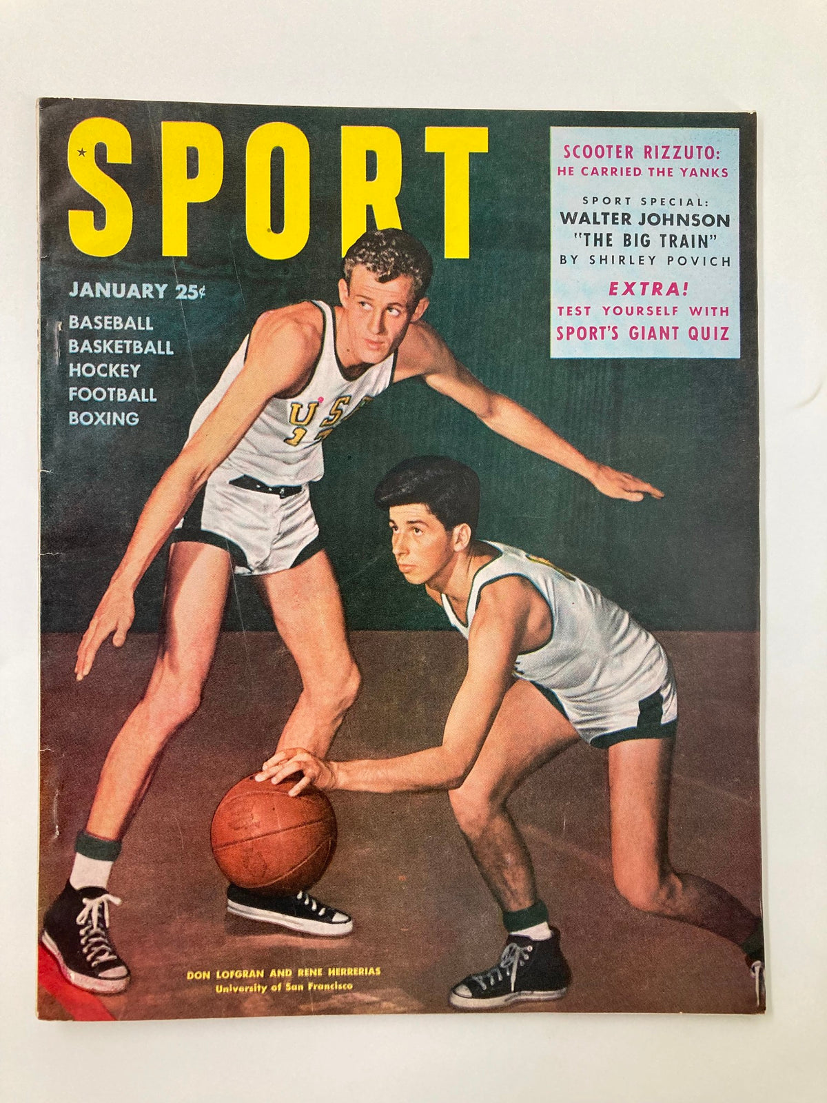 Cover of VTG Sport Magazine January 1950 featuring Don Lofgran and Rene Herrerias, showcasing basketball athletes in action and highlighting sports like baseball, football, and boxing.