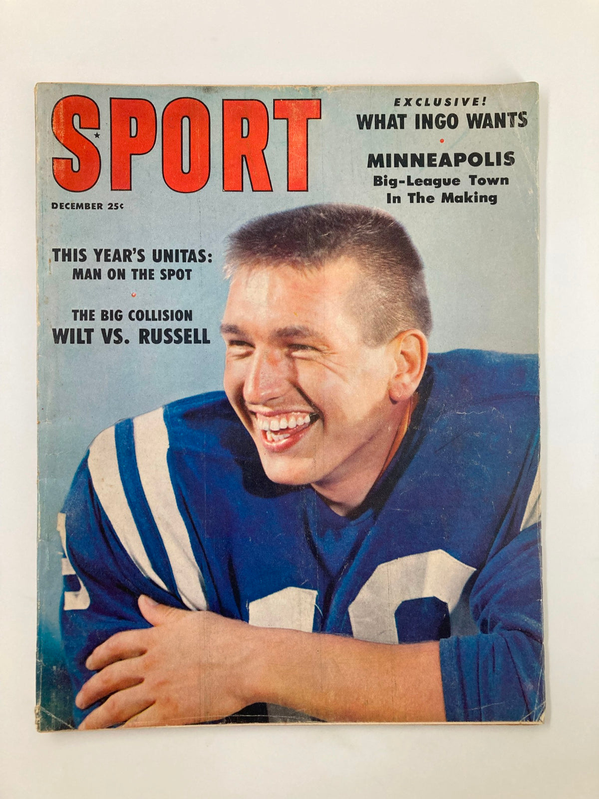VTG Sport Magazine December 1959 cover featuring a smiling athlete in a football uniform, showcasing the excitement of sports culture from the late 1950s.