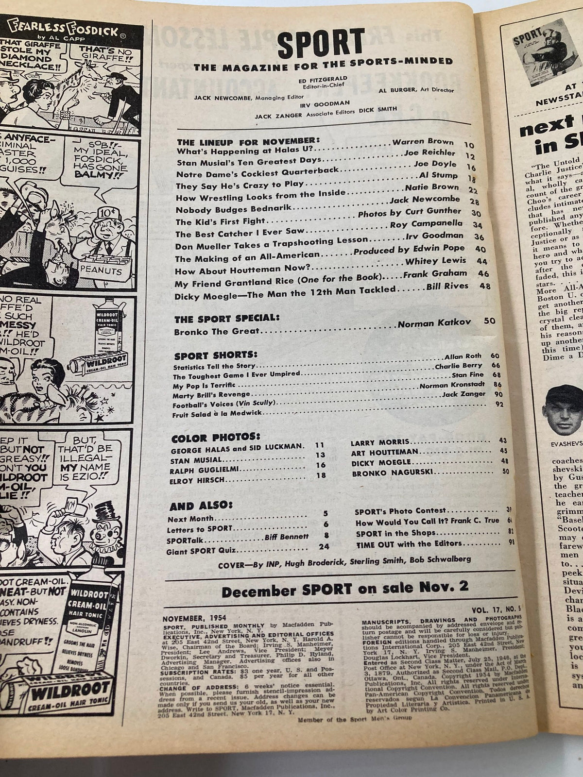 Interior page of the November 1954 VTG Sport Magazine, presenting the magazine's lineup and featured articles with classic illustrations.