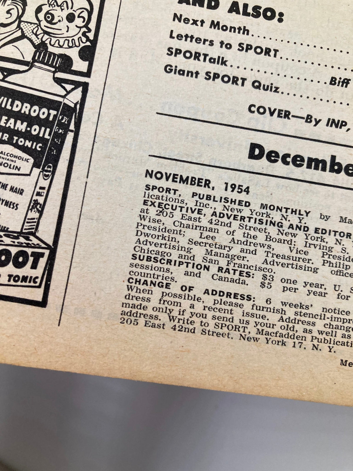 Detail view of the November 1954 VTG Sport Magazine subscription information, highlighting the magazine’s publishing details and notable features.