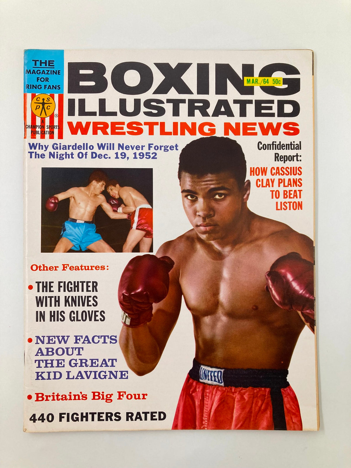 Cover of VTG Boxing Illustrated Wrestling News March 1964 featuring Muhammad Ali and Sonny Liston, showcasing the legendary boxing match with vibrant colors and detailed graphics.