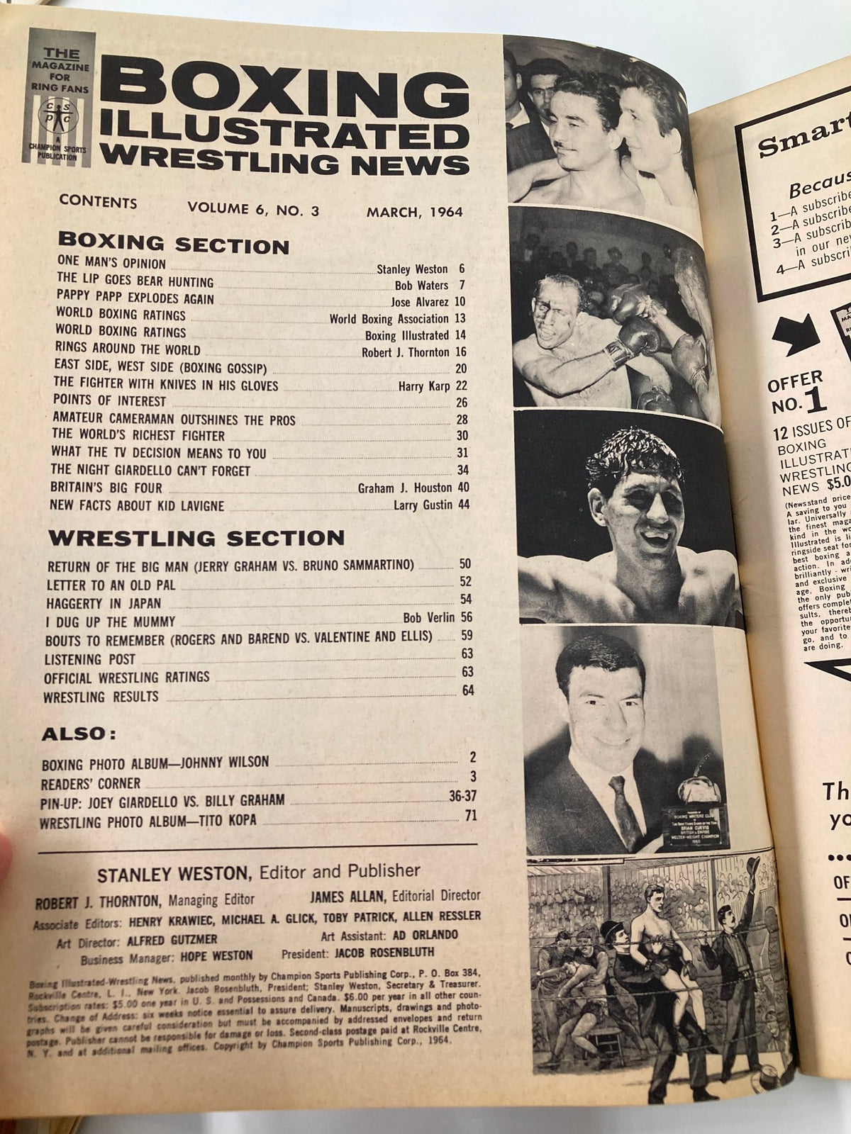 Inside content page of VTG Boxing Illustrated Wrestling News March 1964, listing articles and features including insights on boxing and wrestling, with black and white images related to the sport.