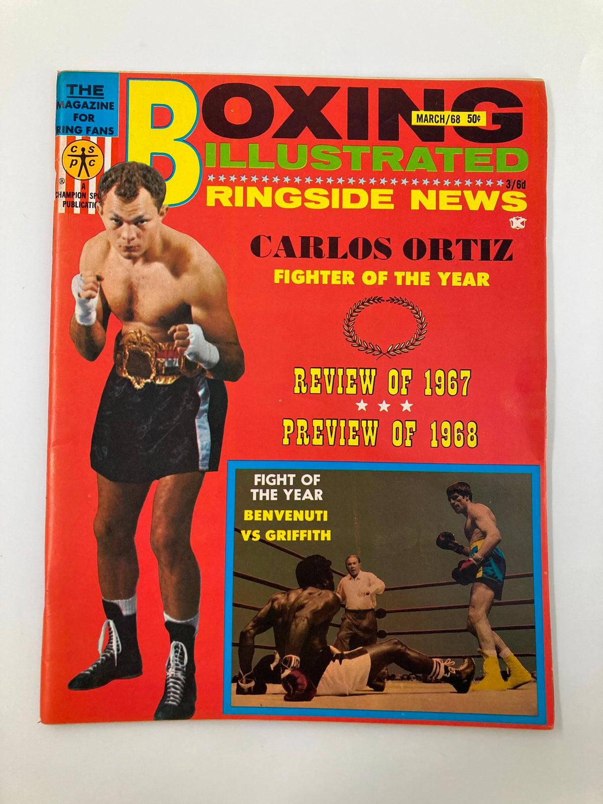 VTG Boxing Illustrated Wrestling News March 1968 featuring Carlos Ortiz on the cover, showcasing boxing highlights and articles from the era.