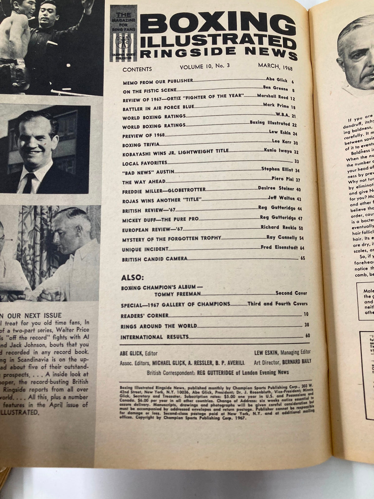 Inside page of VTG Boxing Illustrated Wrestling News March 1968, displaying the contents and features of this vintage magazine.
