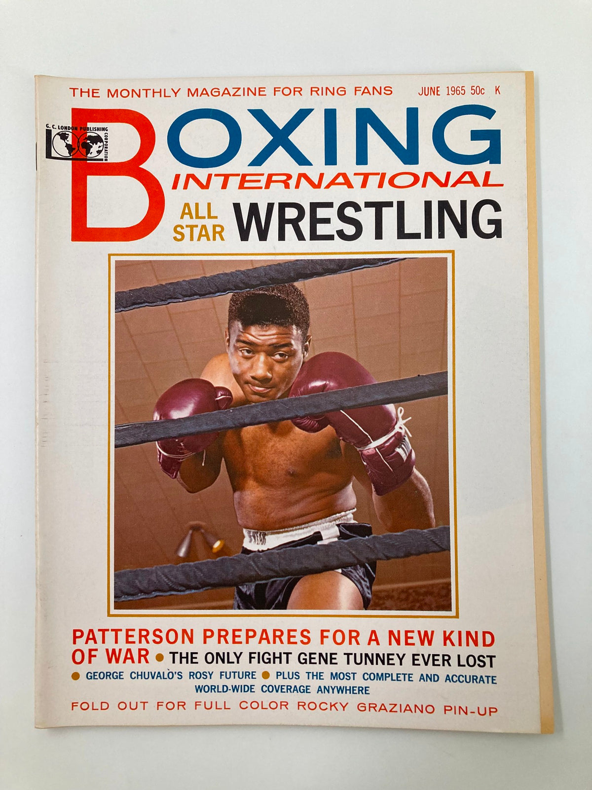 VTG Boxing Illustrated Wrestling News June 1965 cover featuring Floyd Patterson in the boxing ring, showcasing the magazine title and details of content.