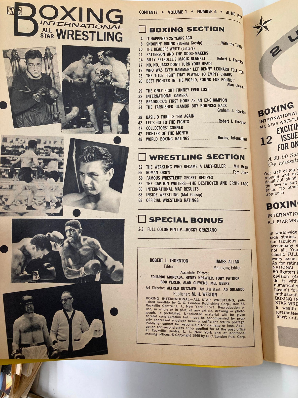 Inside page of VTG Boxing Illustrated Wrestling News June 1965 displaying the table of contents, including boxing and wrestling sections, and notable articles about Floyd Patterson.