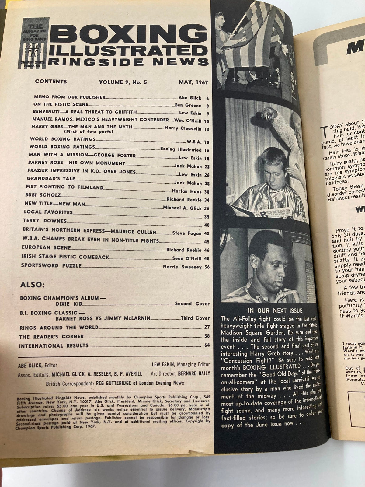 Interior page of the VTG Boxing Illustrated Ringside News May 1967 magazine, displaying the table of contents and highlights from notable boxing articles.
