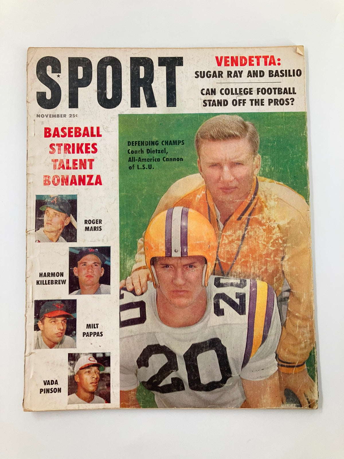 Cover of VTG Sport Magazine November 1959 featuring Coach Dietzel and baseball players Roger Maris, Milt Pappas, and more, showcasing vintage sports culture.