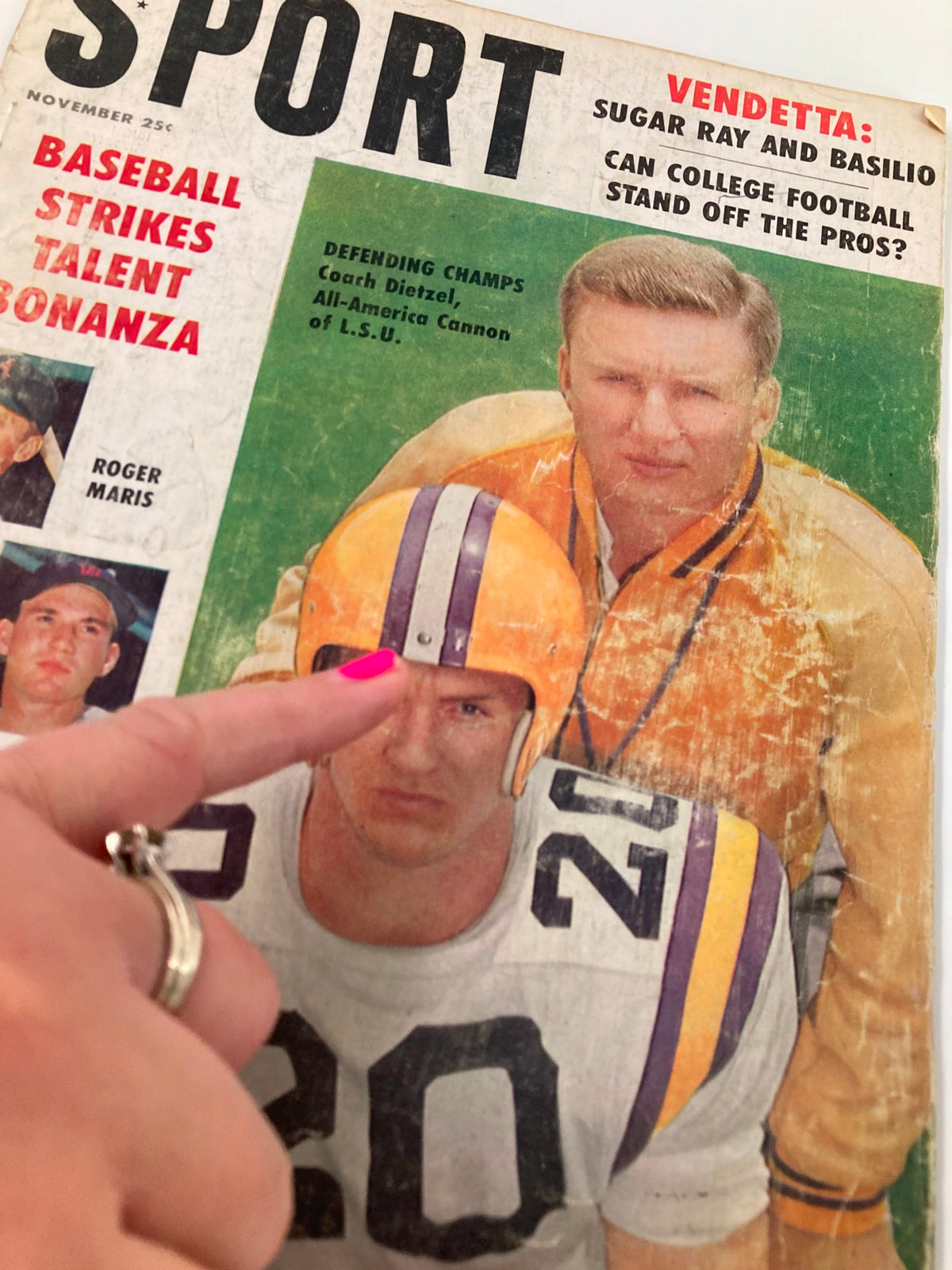 Close-up of the cover of VTG Sport Magazine November 1959, highlighting Coach Dietzel and an All-America football player, representing the nostalgia of 1950s sports.