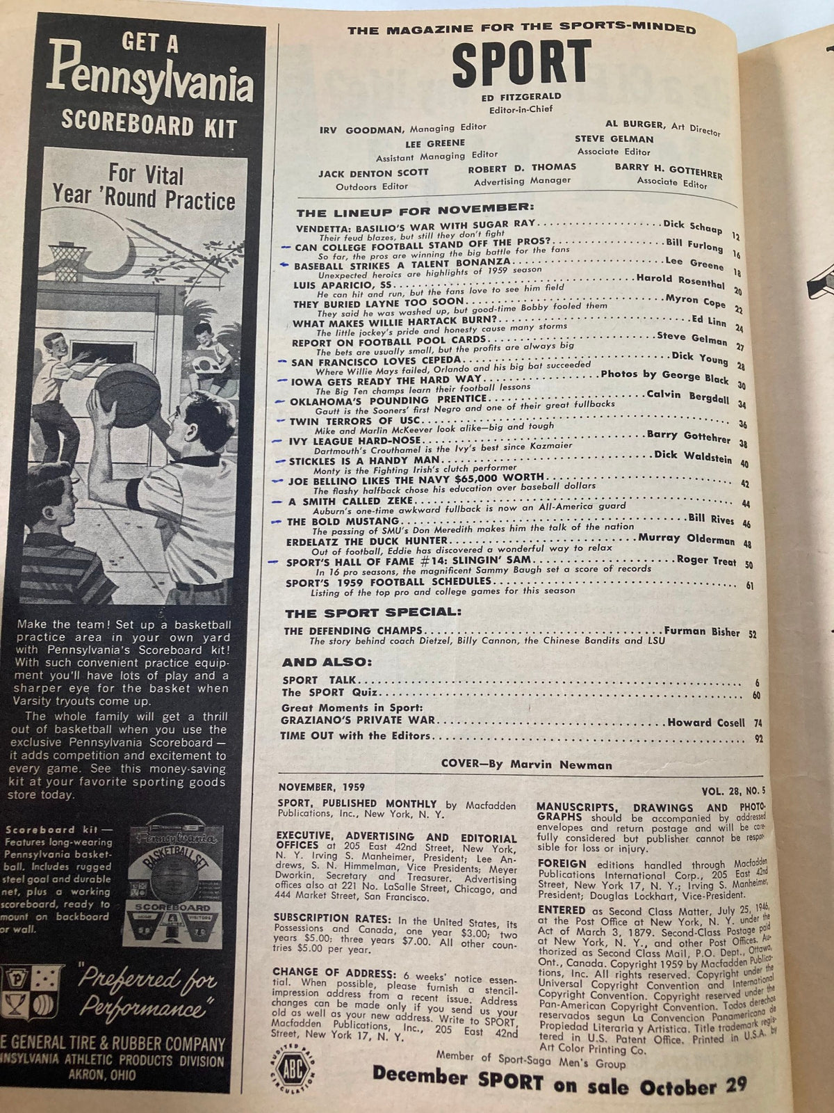 Another interior page from VTG Sport Magazine November 1959, featuring a detailed list of articles and the magazine's details for that issue.