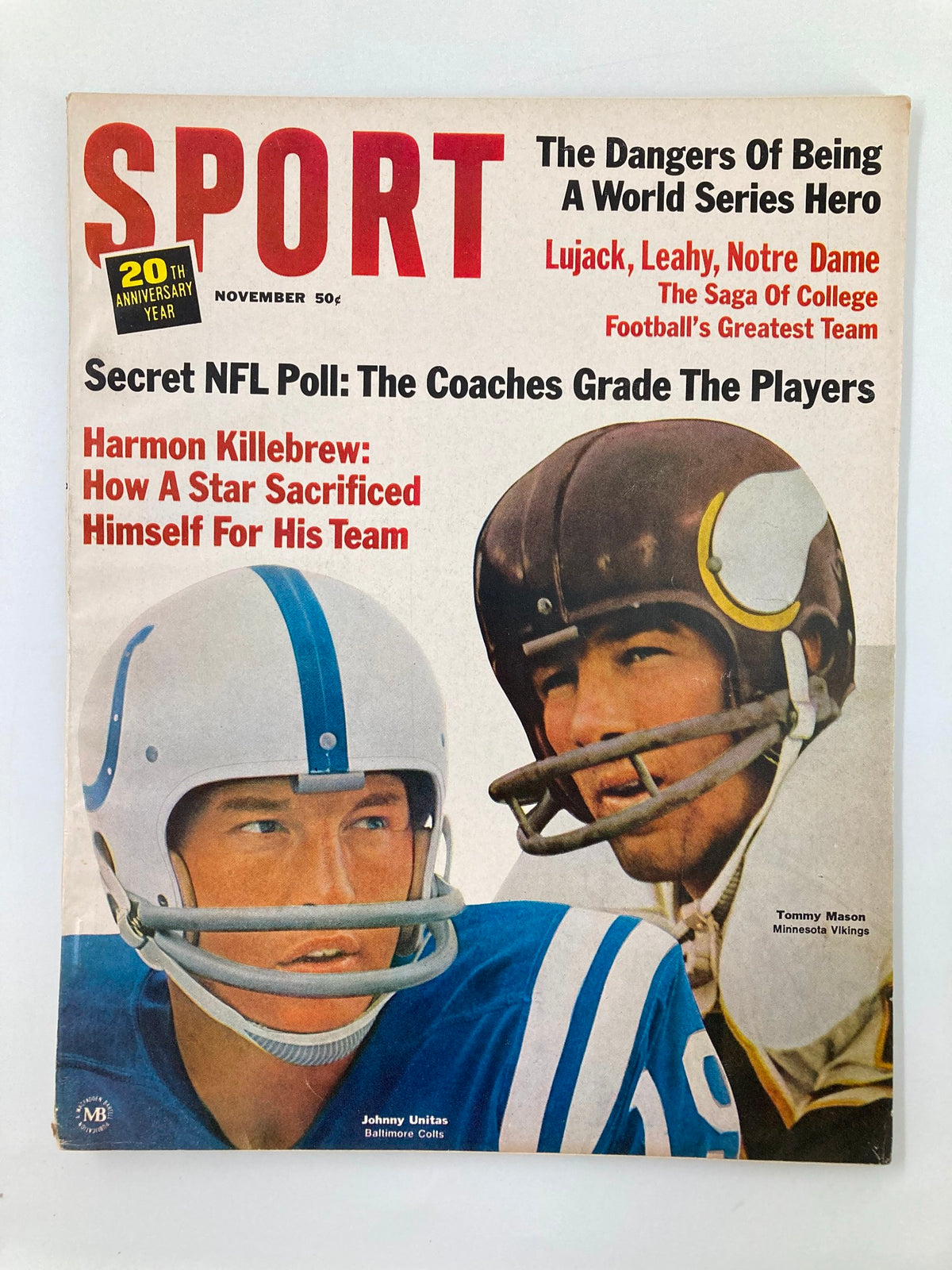 Vintage magazine cover from November 1965, titled 'VTG Sport Magazine November 1965 Johnny Unitas and Tommy Mason No Label', featuring football players Johnny Unitas from the Baltimore Colts and Tommy Mason from the Minnesota Vikings. The cover highlights iconic sports moments and figures of the 1960s, appealing to collectors of sports memorabilia.