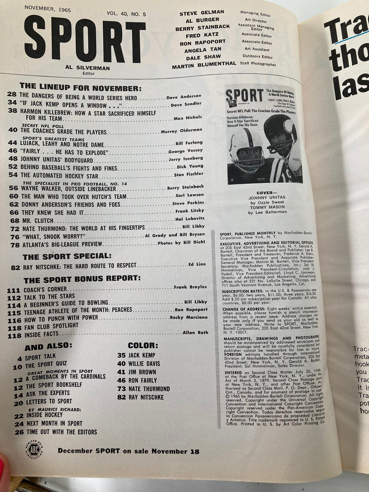 November 1965 VTG Sport Magazine featuring Johnny Unitas and Tommy Mason, showcasing a table of contents with highlights of the issue including articles on NFL topics, sports history, and iconic football players.