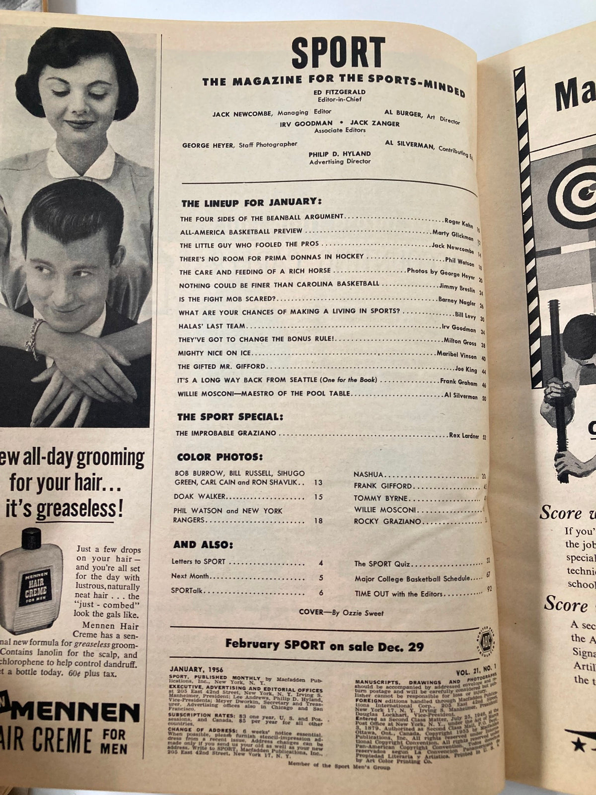 Interior page of January 1956 VTG Sport Magazine displaying editorial content and articles, including 'The Lineup for January' with a focus on sports photography and themes.