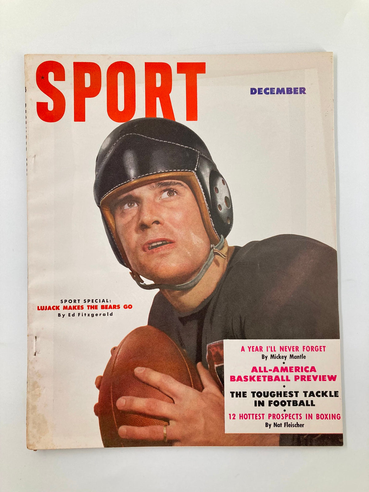 Cover of VTG Sport Magazine December 1951 featuring Johnny Lujack, showcasing a football player in a vintage helmet.