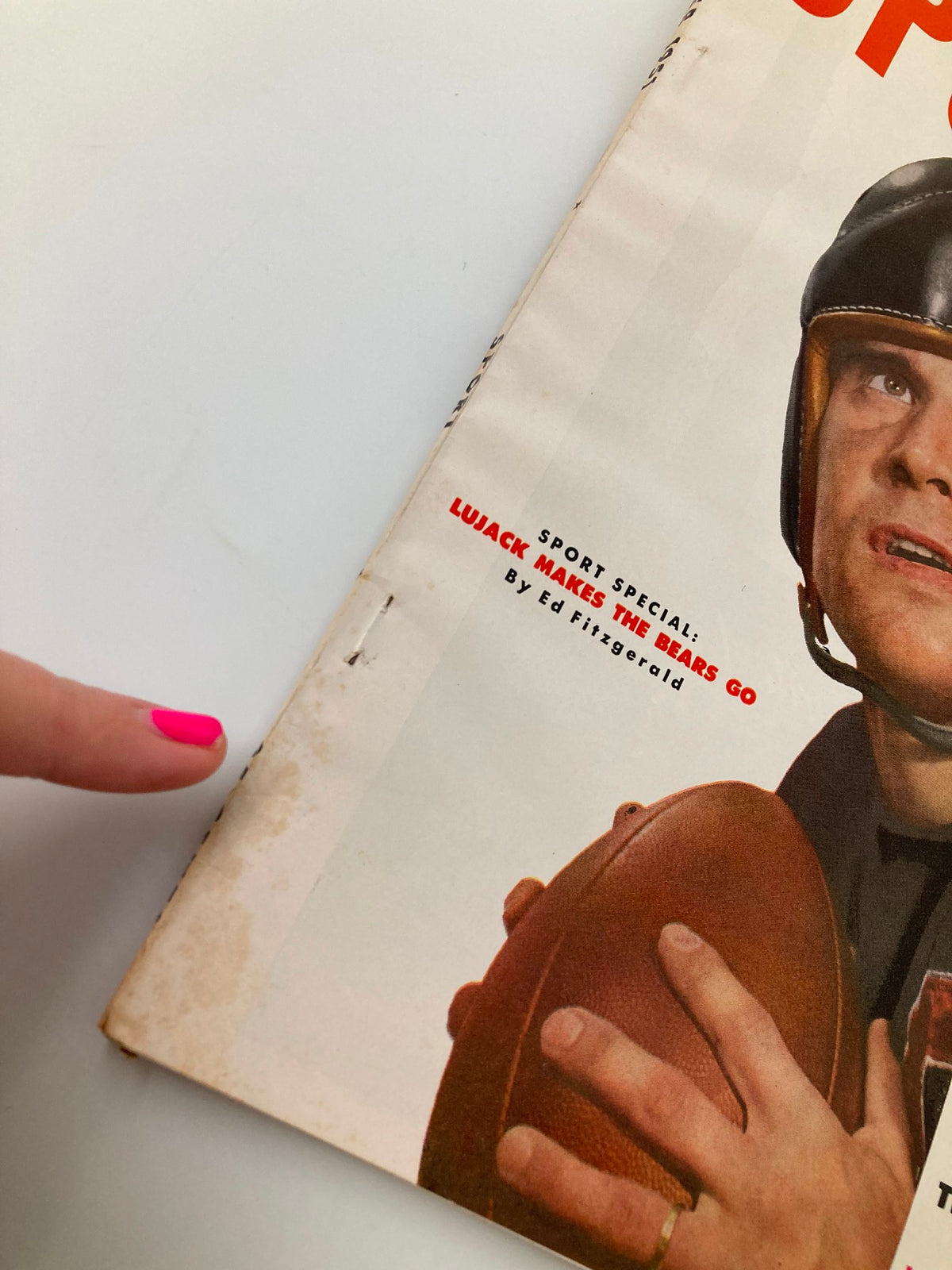 Close-up view of the side of VTG Sport Magazine December 1951, highlighting the title 'Lujack Makes The Bears Go' by Ed Fitzgerald.
