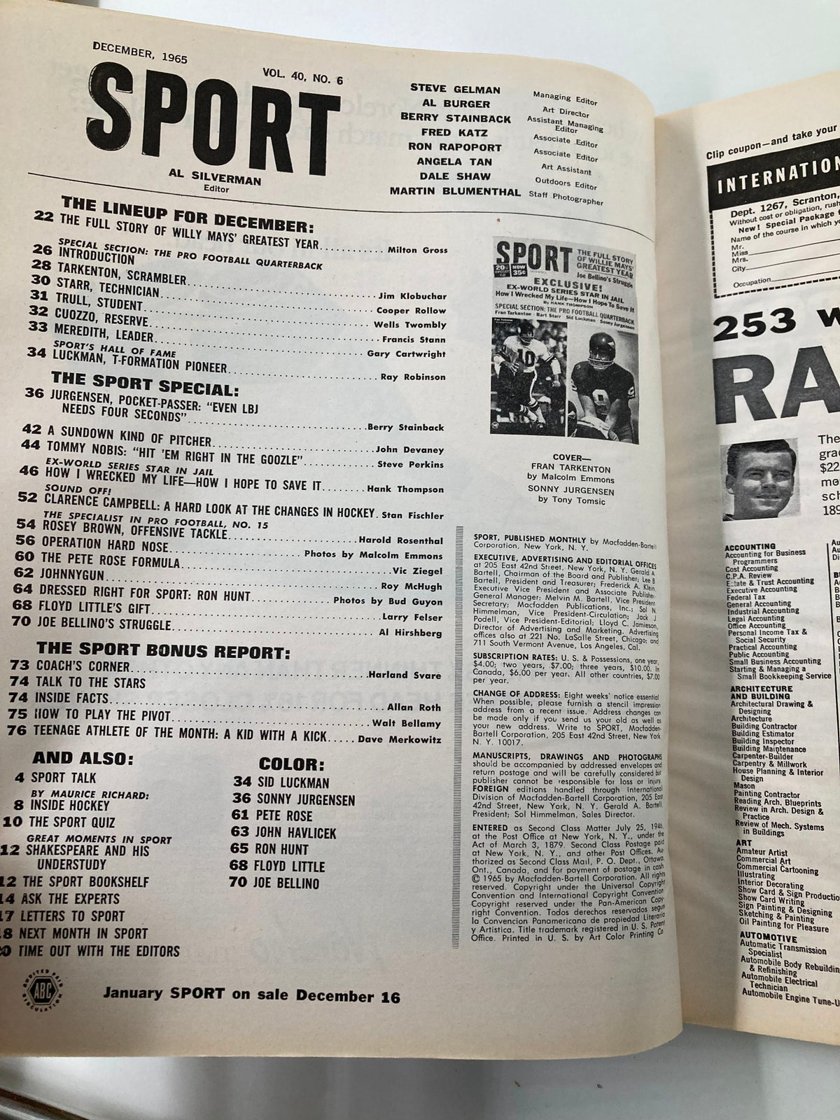 Inside page of VTG Sport Magazine December 1965, showcasing the lineup of articles including Fran Tarkenton's feature and various sports topics.