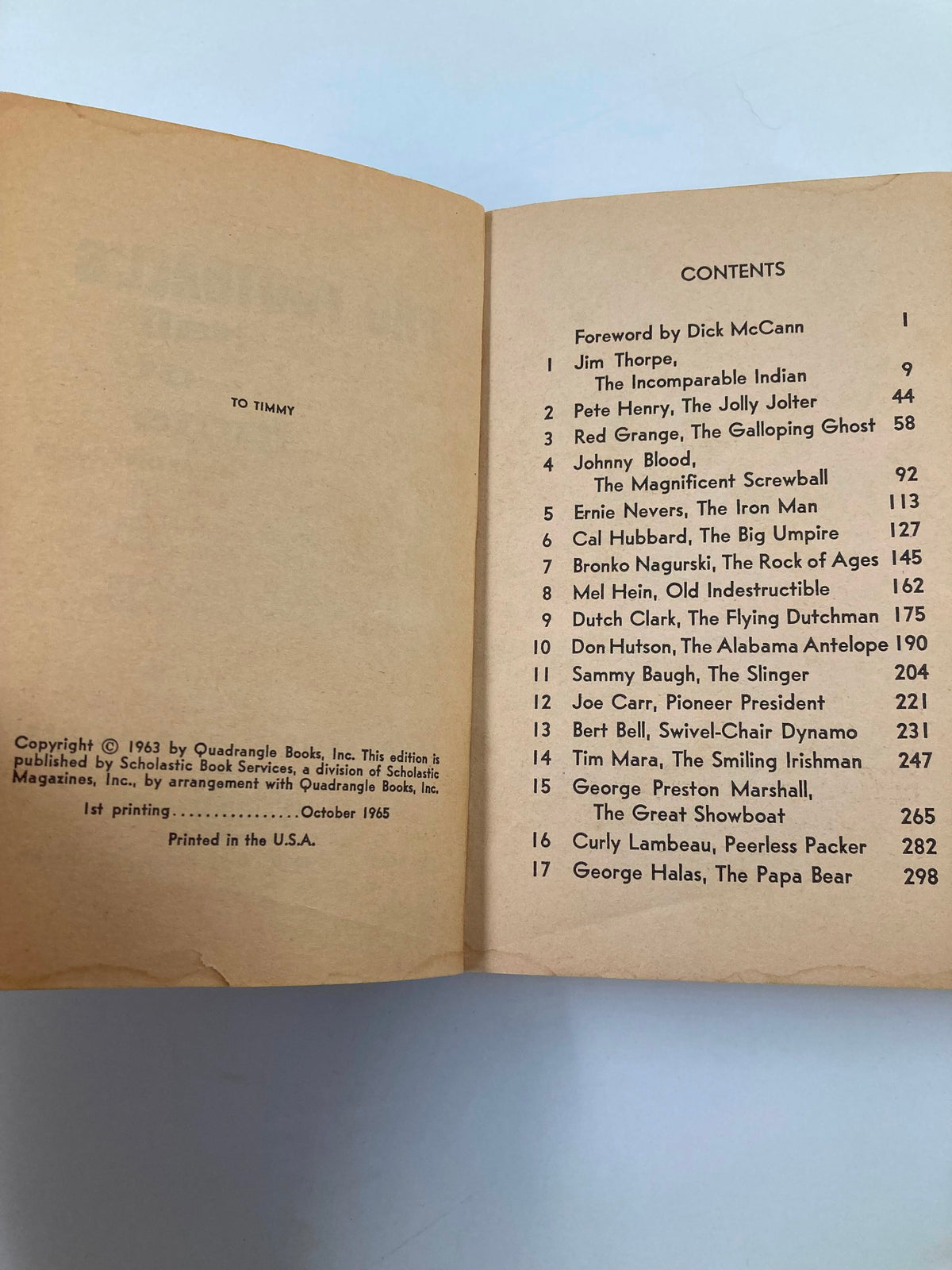 Table of contents page from Vintage 1963 Pro Football's Hall of Fame by Arthur Daley, listing featured players and chapters.