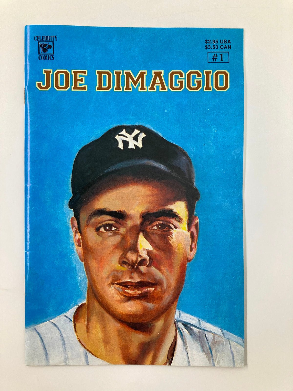 Cover of Celebrity Comics Presents Joe DiMaggio Issue 1 from June 1992 featuring a portrait of Joe DiMaggio in a New York Yankees cap.