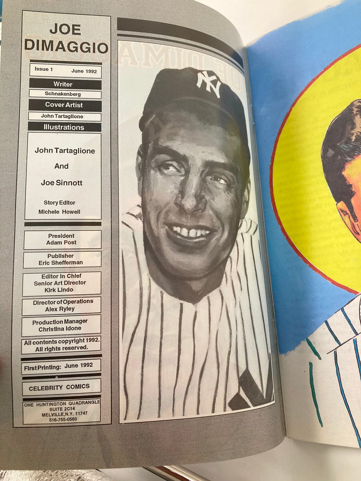 Inside page of Celebrity Comics Presents Joe DiMaggio Issue 1, detailing the contributors including writer Schnakenberg and cover artist John Tartaglione, featuring a smiling Joe DiMaggio.
