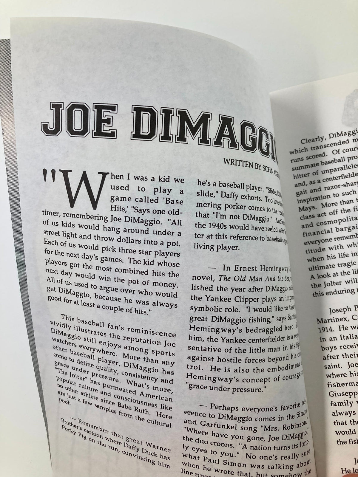 Page from Celebrity Comics Presents Joe DiMaggio Issue 1 containing a written reminiscence about Joe DiMaggio, discussing his impact on baseball culture.