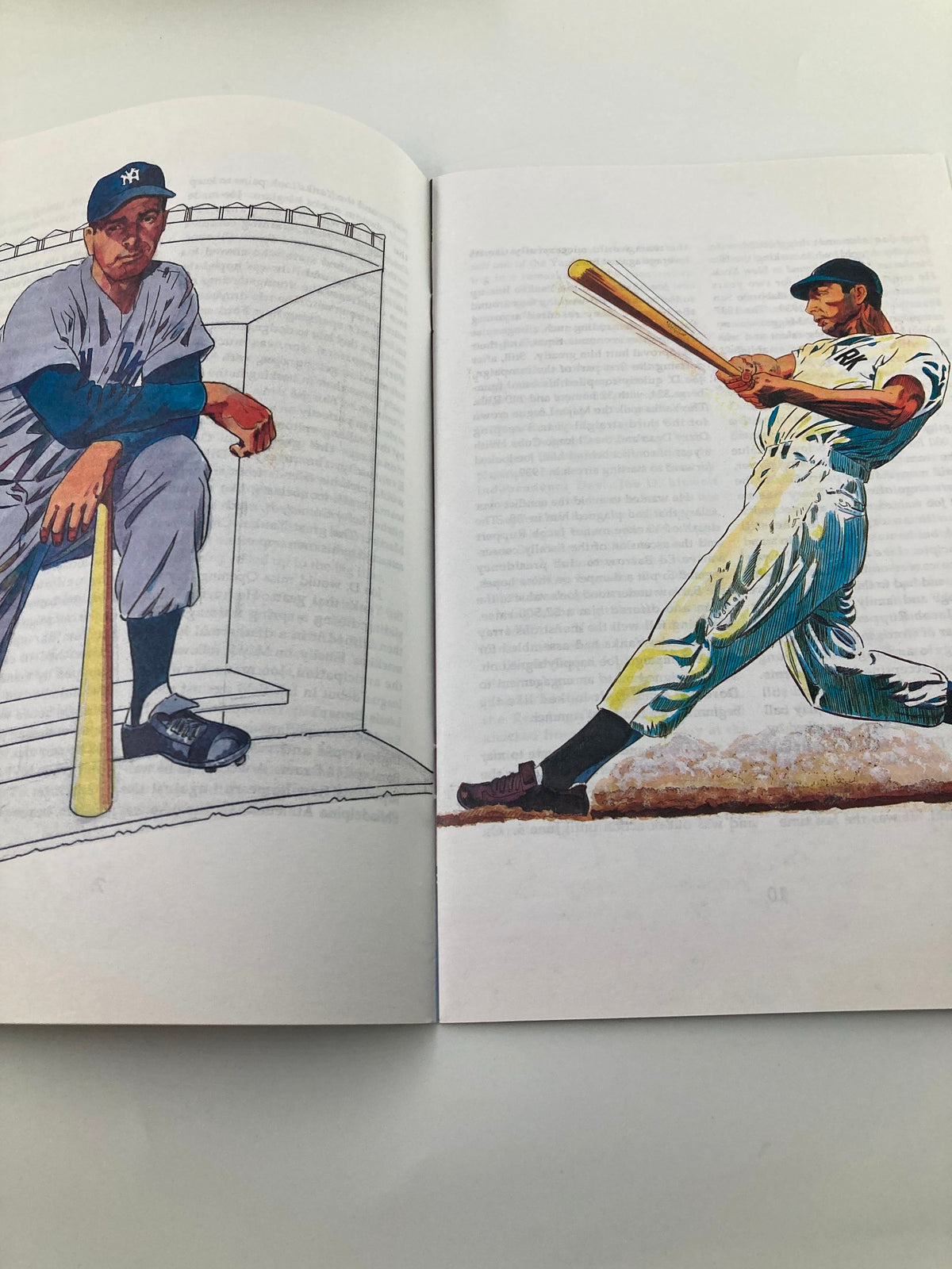 Illustrated pages from Celebrity Comics Presents Joe DiMaggio Issue 1, showcasing two colorful depictions of Joe DiMaggio, one seated with a bat and the other hitting a baseball.