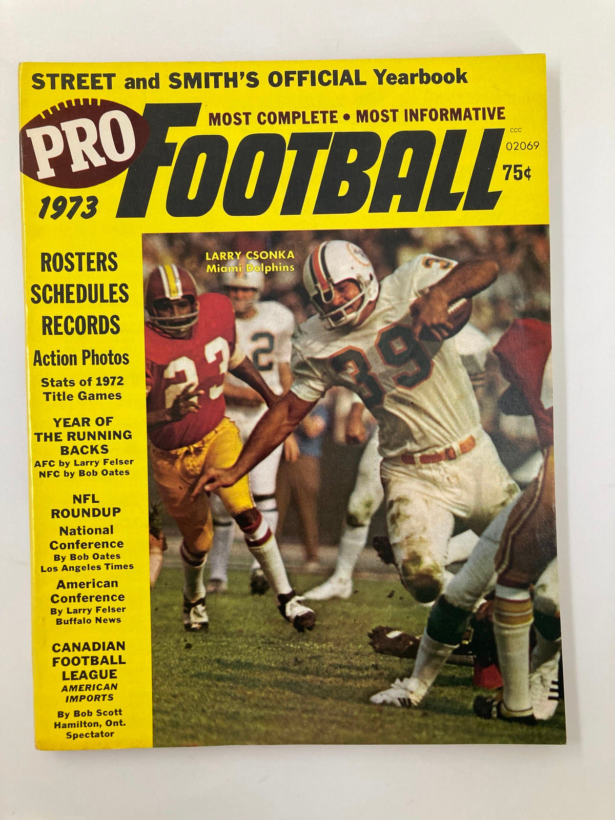 VTG Street & Smith's Official Pro Football 1973 Yearbook Larry Csonka cover featuring Miami Dolphins player Larry Csonka and details about NFL rosters, schedules, and records.