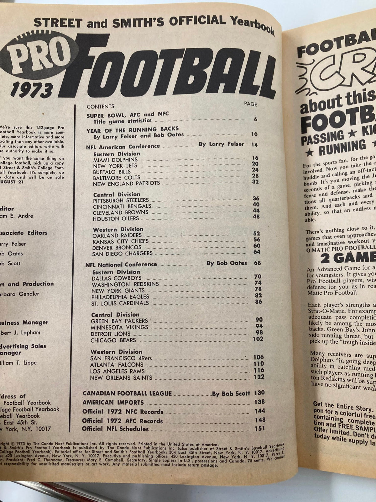 Interior page of VTG Street & Smith's Official Pro Football 1973 Yearbook displaying contents including Super Bowl statistics and team divisions.
