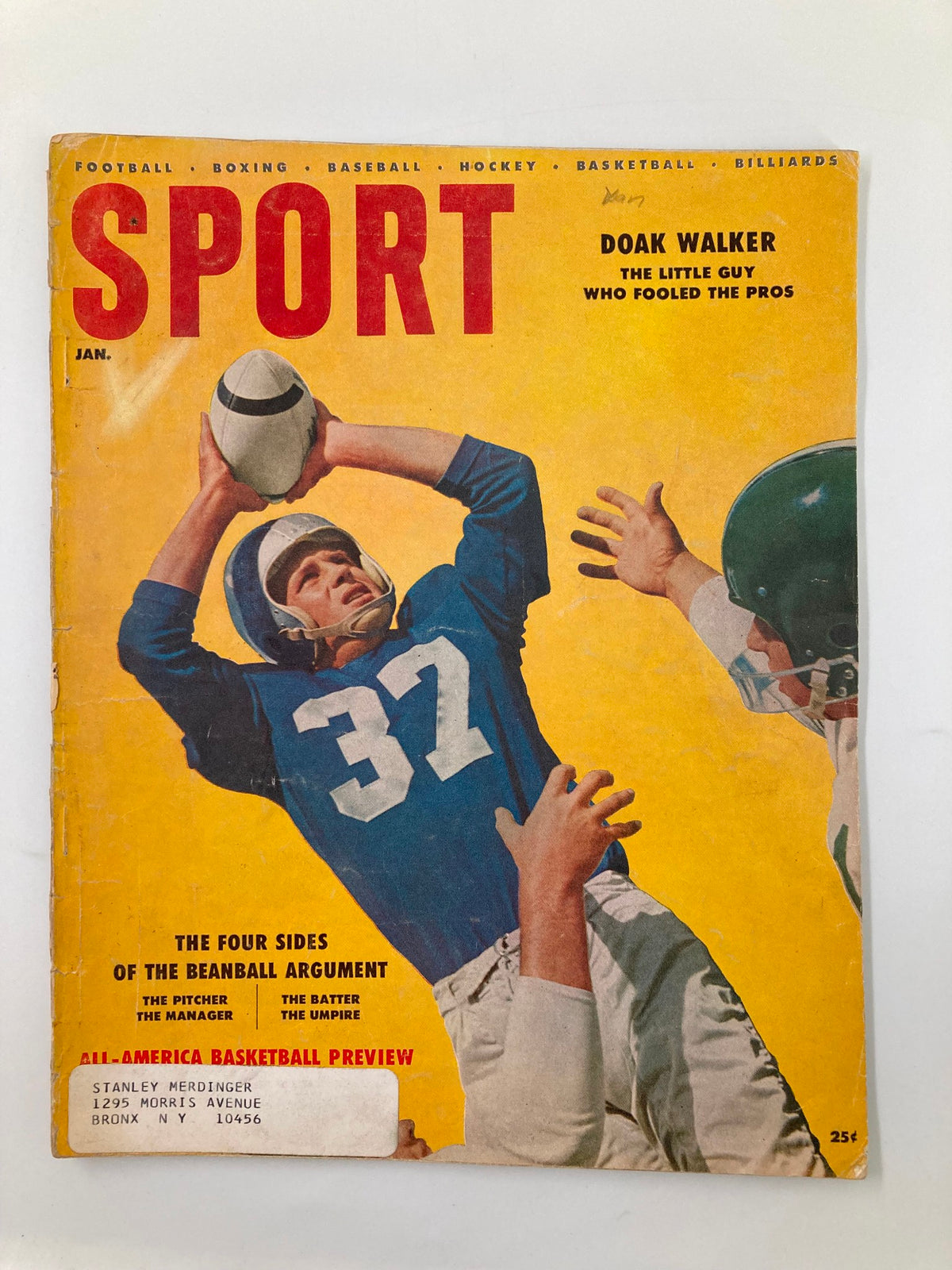 Cover of VTG Sport Magazine January 1956 featuring Doak Walker, highlighting 'The Little Guy Who Fooled The Pros,' with a vibrant yellow background and a player in a blue jersey.