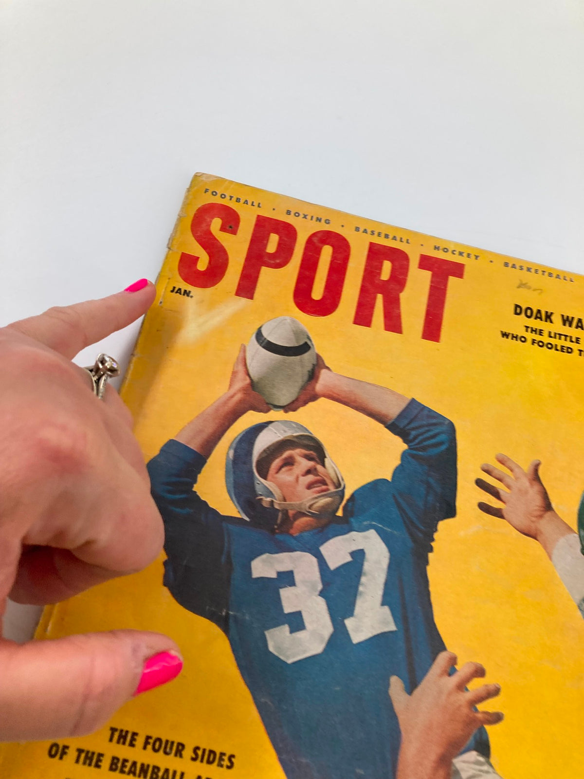 Close-up view of the cover of VTG Sport Magazine January 1956, showcasing the title 'SPORT' and the article about Doak Walker, complete with a player's action pose.