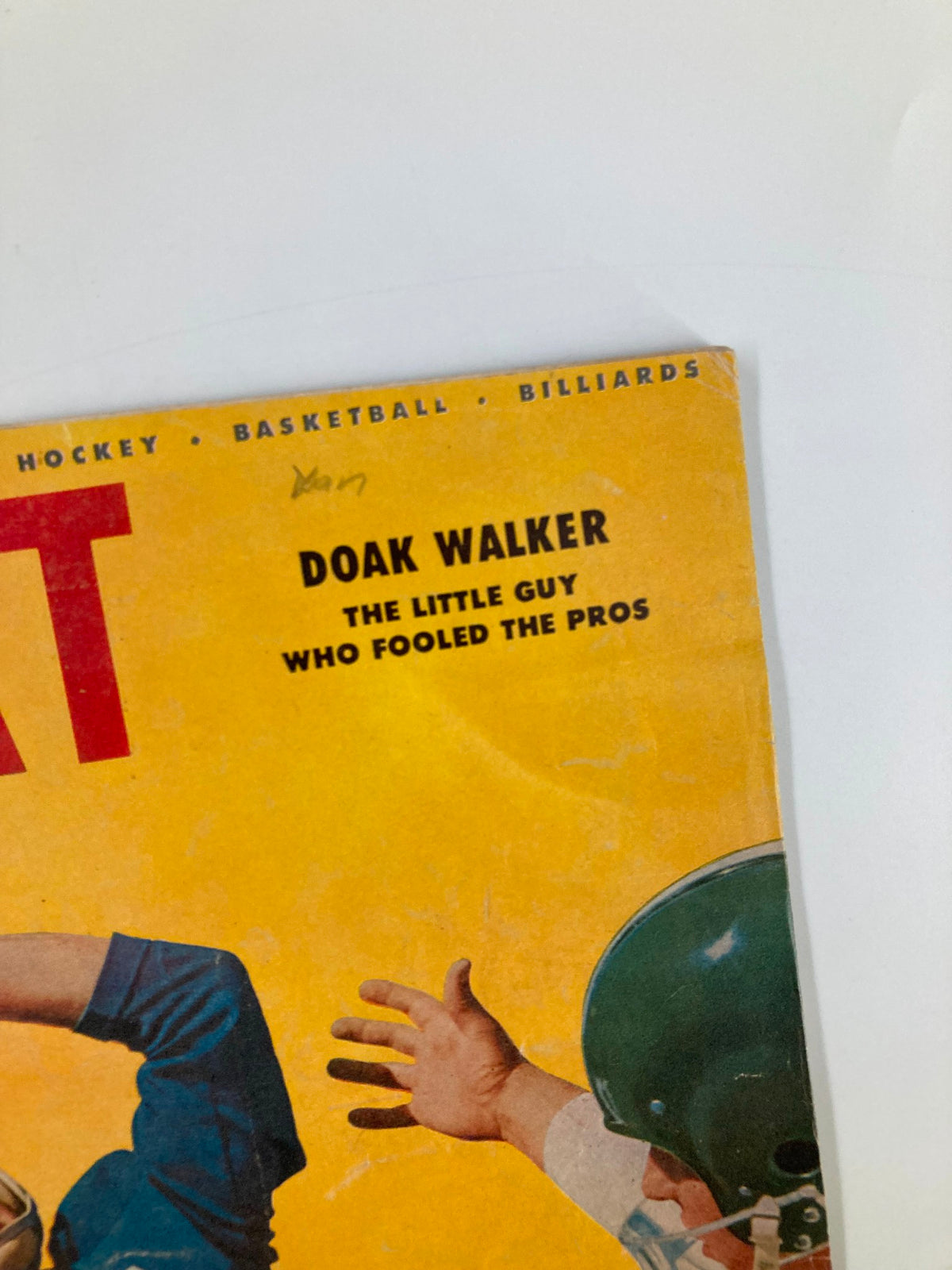 Detailed section of the VTG Sport Magazine January 1956 cover focusing on 'Doak Walker: The Little Guy Who Fooled The Pros,' emphasizing vintage sports design.