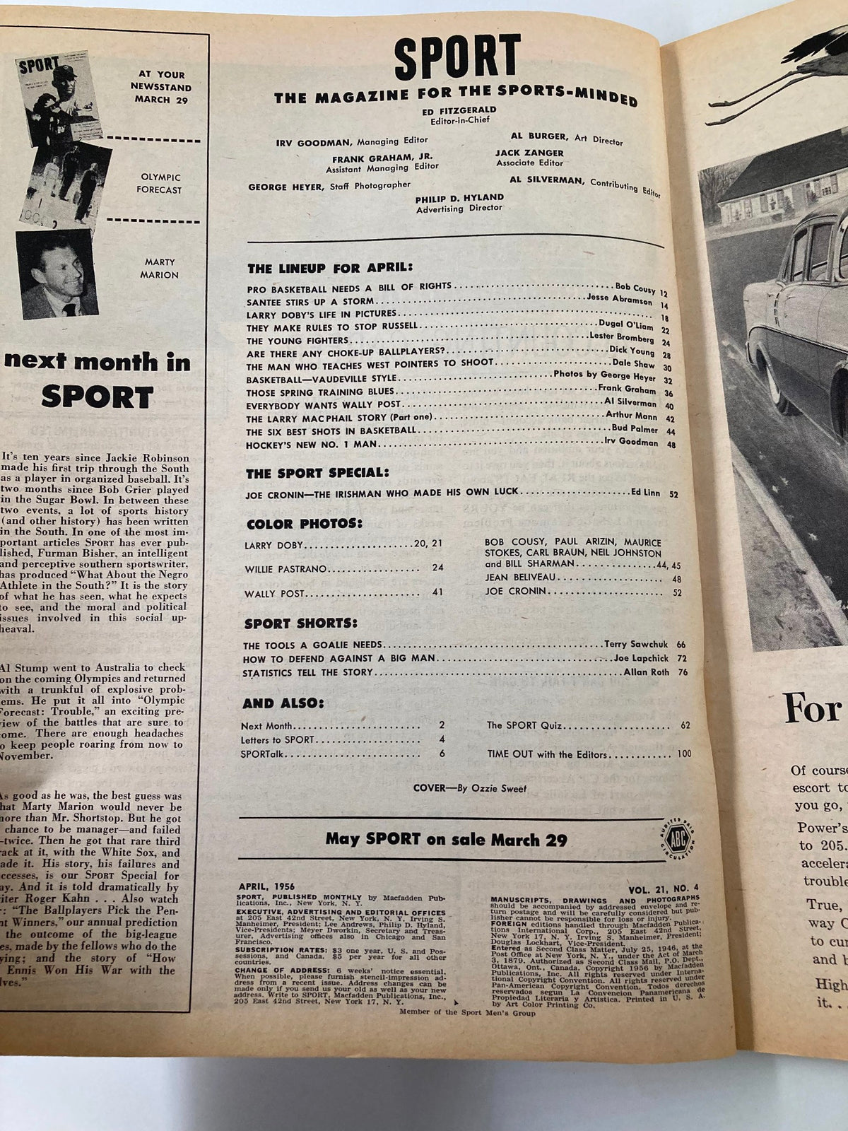 Inside page of Vintage Sports Magazine April 1956 showcasing the lineup of articles, including Larry Doby's Life in Pictures and other sports features.