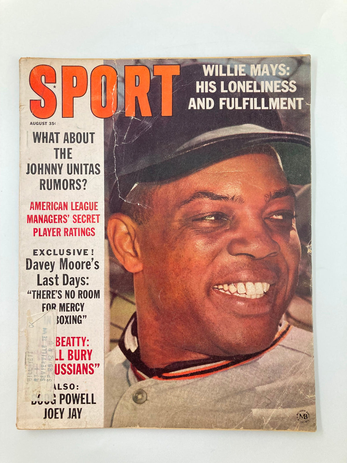 Cover of VTG Sport Magazine August 1963 featuring Willie Mays with the headline 'Willie Mays: His Loneliness and Fulfillment'. The magazine displays a vintage design with a close-up of Willie Mays smiling.