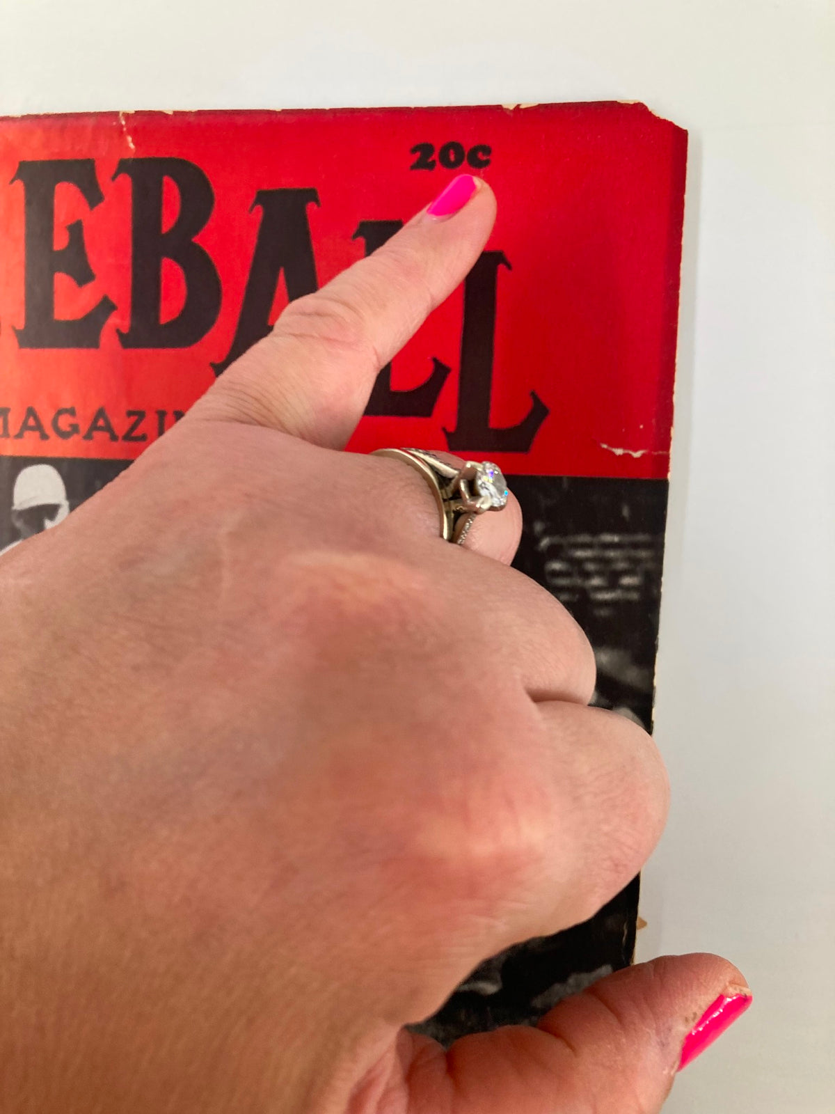 Close-up of the VTG Baseball Magazine June 1941 cover, highlighting the price of 20 cents, with a hand pointing to the detail.