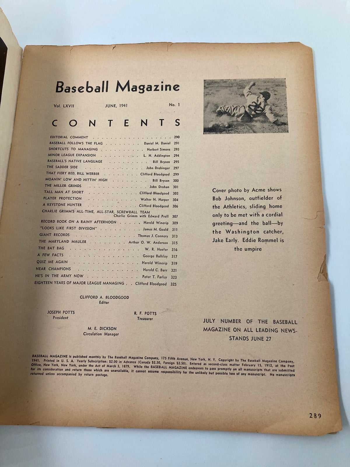 Inside page of VTG Baseball Magazine June 1941 showing the table of contents and information on featured articles.
