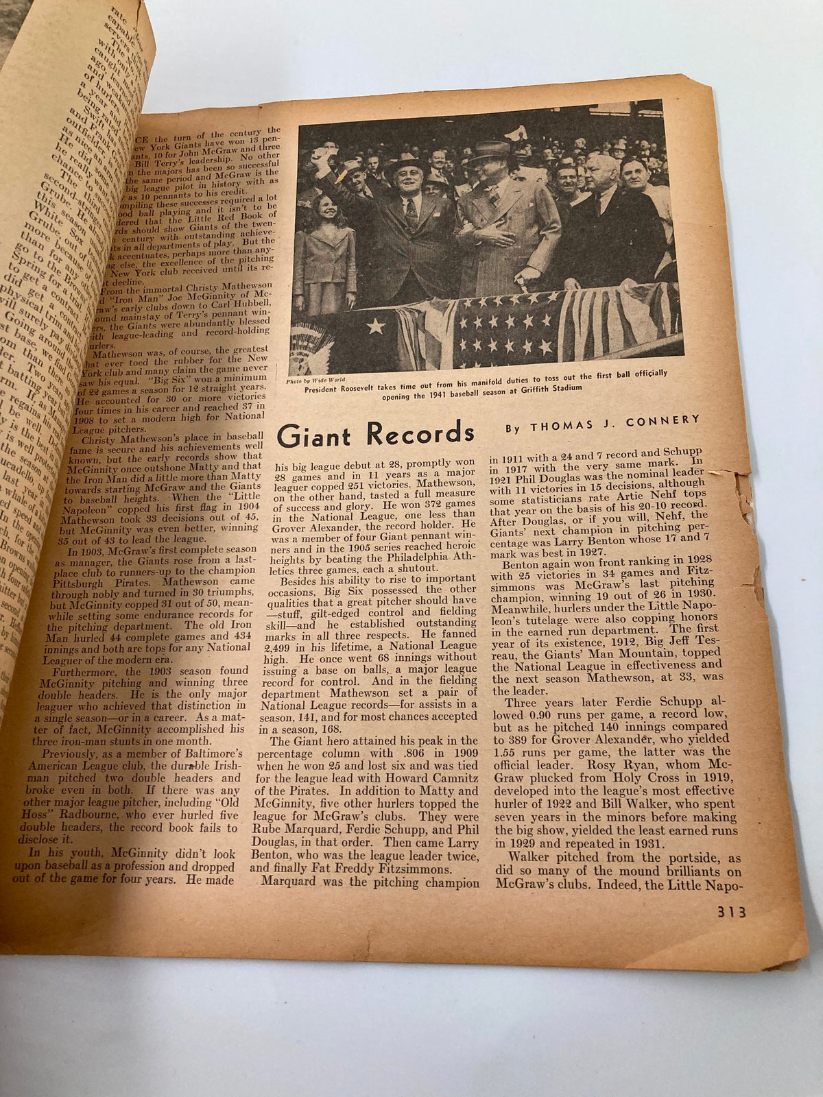 Inside page of VTG Baseball Magazine June 1941 featuring an article about baseball history, including information on pitchers and teams.